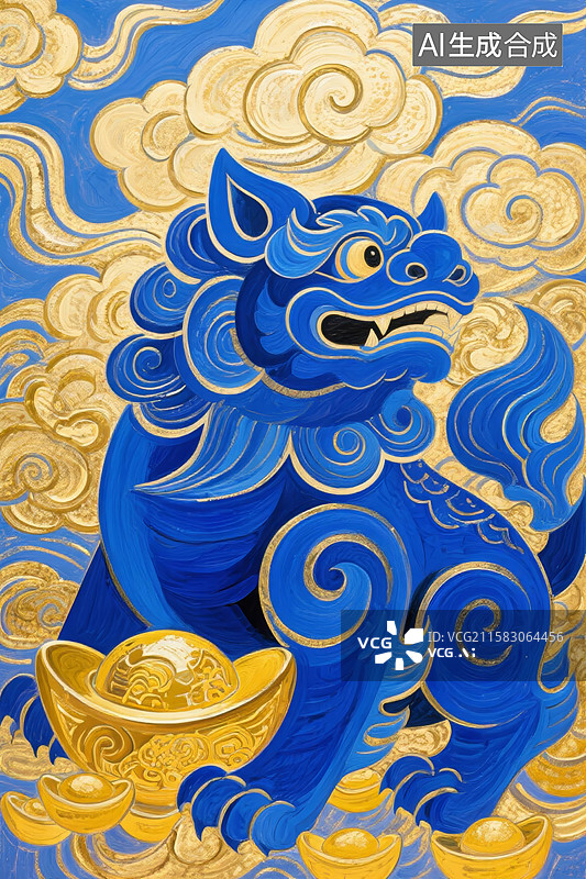 【AI数字艺术】蓝貔貅国潮装饰场景图片素材