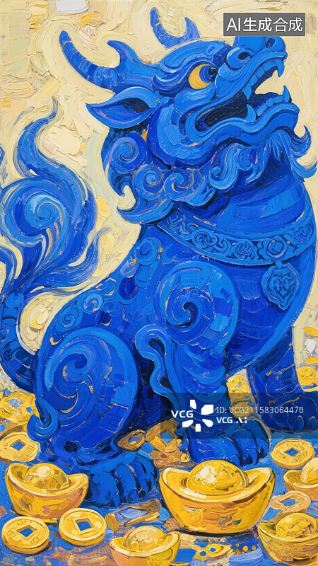 【AI数字艺术】蓝貔貅国潮装饰场景图片素材