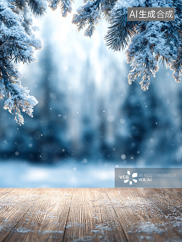 【AI数字艺术】冬日雪景下的木质桌面展台图片素材