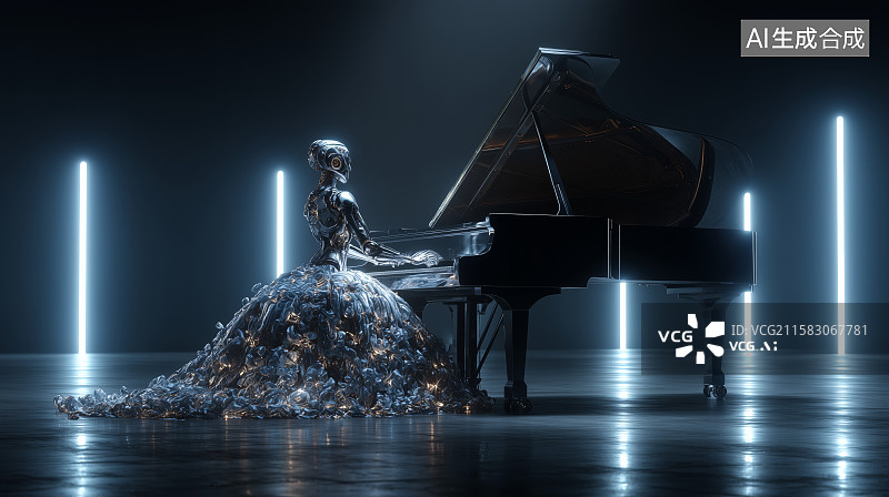 【AI数字艺术】未来感钢琴演奏者图片素材