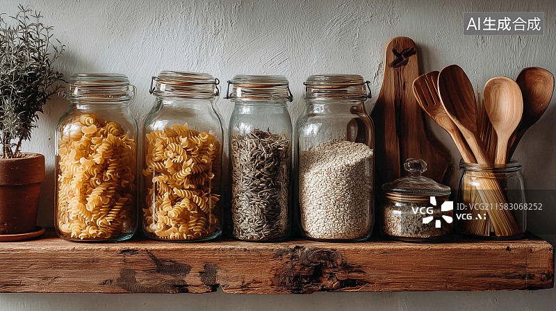 【AI数字艺术】厨房架子上的玻璃罐装食材图片素材