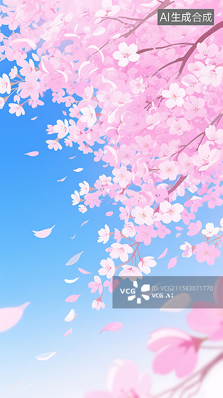 【AI数字艺术】粉色樱花落英缤纷蓝色背景图片素材