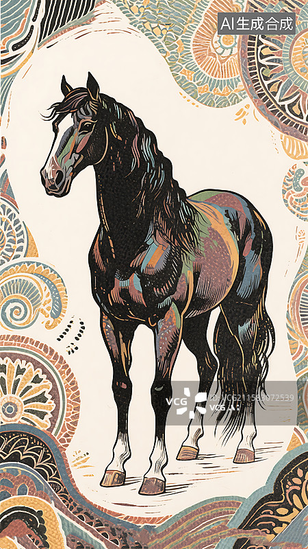 【AI数字艺术】亚麻油毡版画的异域风情少数民族色彩的有纹理的马图片素材