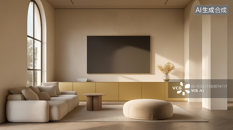 【AI数字艺术】室内设计主题海报——奶油风客厅家居图片素材
