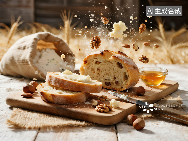 【AI数字艺术】新鲜面包与坚果蜂蜜的美味组合图片素材