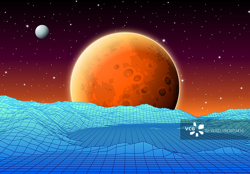 复古未来主义的山脉和太阳景观图片素材