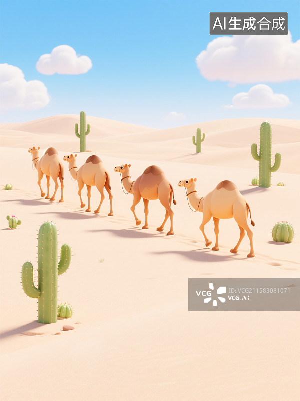 【AI数字艺术】3D沙漠中穿行的骆驼插画图片素材