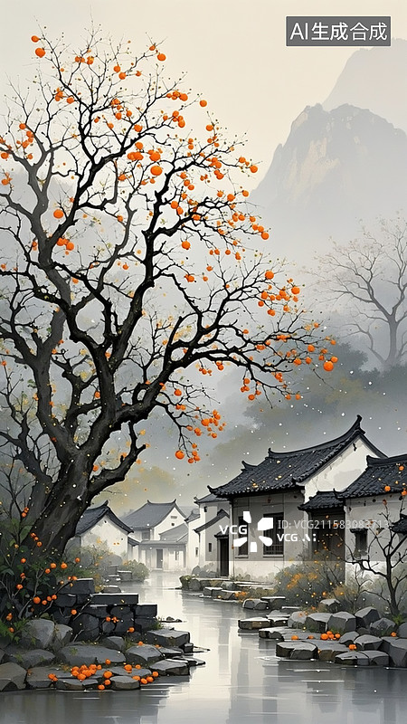 【AI数字艺术】中国水墨画，江南秋季古村落，深幽，神秘，古树柿子图片素材