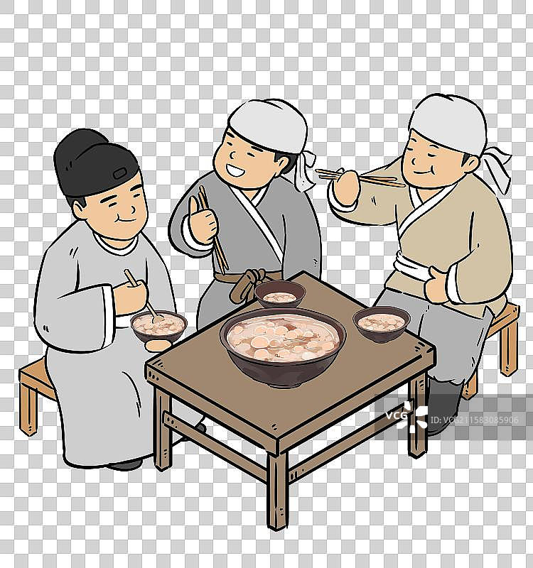 三个人在一起吃肉丸粥图片素材