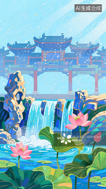 【AI数字艺术】宫殿园林荷塘插画图片素材