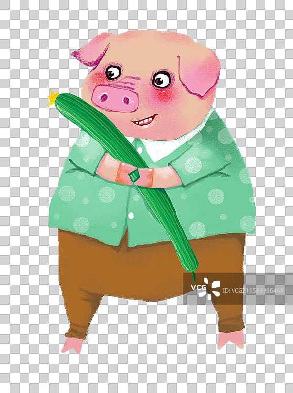 免抠PNG元素动物插画 拿着黄瓜的猪图片素材