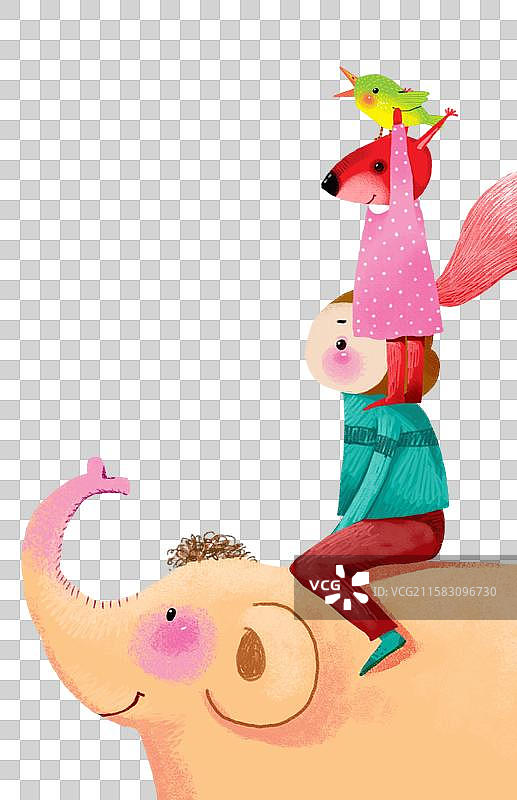 免抠PNG元素动物插画 坐在大象身上的猴子和图片素材