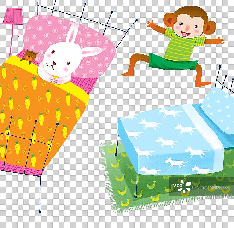 免抠PNG元素动物插画 张开手臂的猴子和躺在床上的兔子图片素材