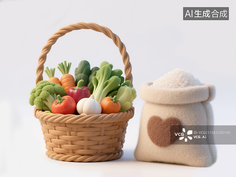 【AI数字艺术】创意3D毛毡插画丰盛蔬菜篮与一袋大米小麦食品安全与经济繁荣的抽象商业背景书籍封面和年度报告的治愈艺术图片素材