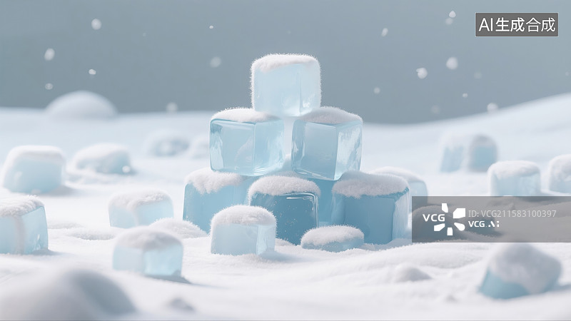 【AI数字艺术】奇幻冬日仙境雪地堆叠冰块3D毛毡插画创意抽象商业背景儿童读物节日设计企业活动季节营销和故事图片素材