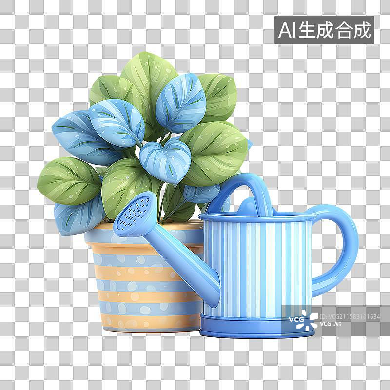 【AI数字艺术】盆栽与蓝色浇水壶图片素材