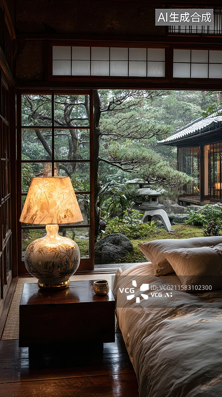 【AI数字艺术】日式卧室与庭院景观图片素材