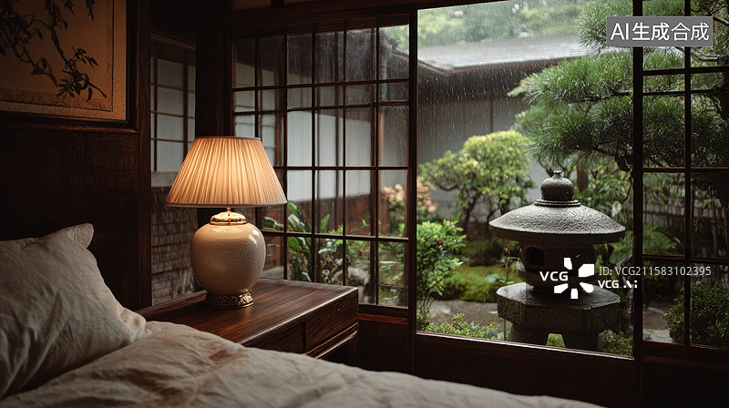 【AI数字艺术】日式房间与庭院的静谧景象图片素材