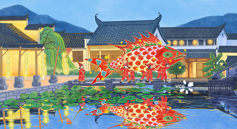 一夜鱼龙舞。华灯初上，鱼灯灵动图片素材