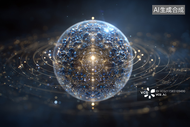 【AI数字艺术】发光量子比特球阵列，悬浮在真空中图片素材