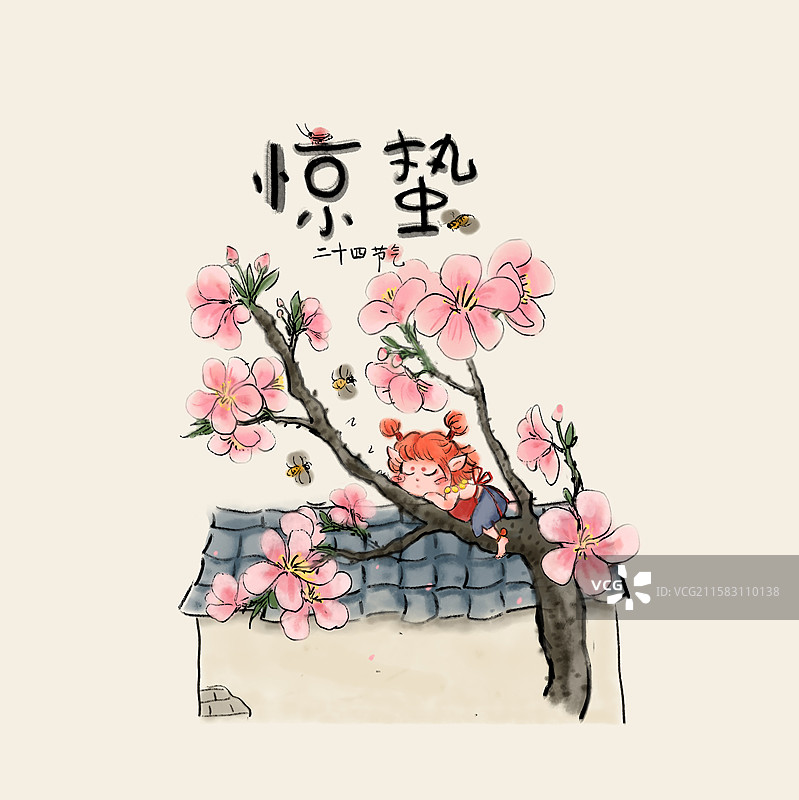惊蛰桃花树上睡觉的小男孩瓦房水墨国风节气插画图片素材