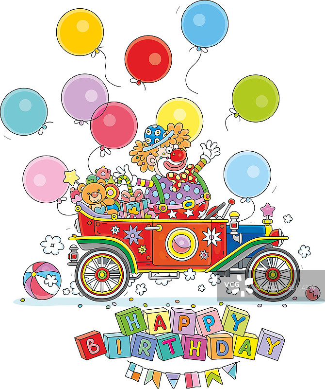 生日卡片上有小丑和复古汽车图片素材
