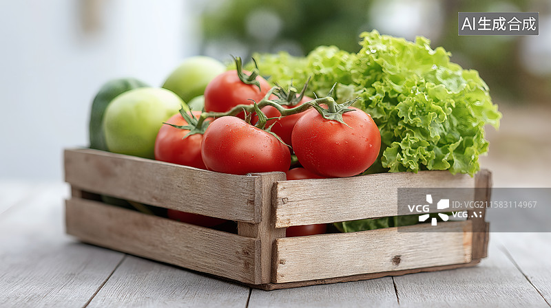 【AI数字艺术】木箱中的新鲜蔬菜，健康食材的盛宴图片素材
