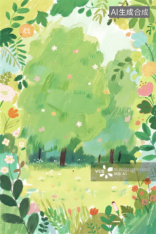【AI数字艺术】清新绿色自然花草森林插画图片素材