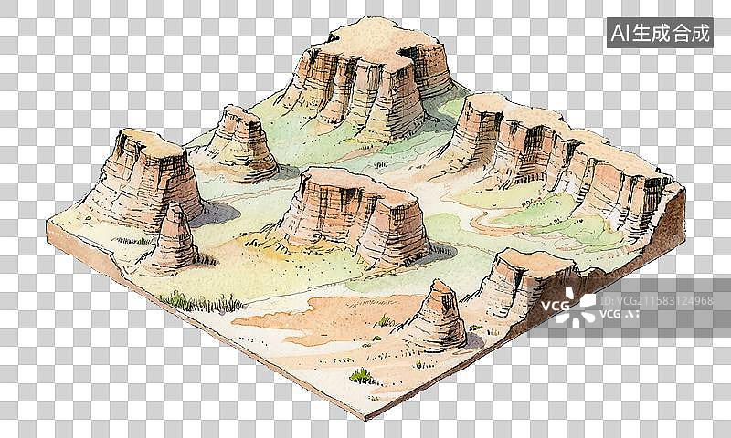 【AI数字艺术】雅丹地形风蚀性地貌剖面图横截面断层概念图自然地理钢笔淡彩水彩手绘科普2.5D三维立体微缩景观模型场景图片素材