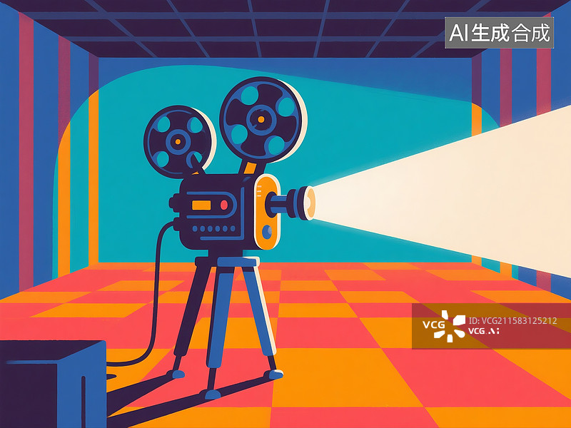 【AI数字艺术】扁平插画风格的复古电影放映机图图片素材