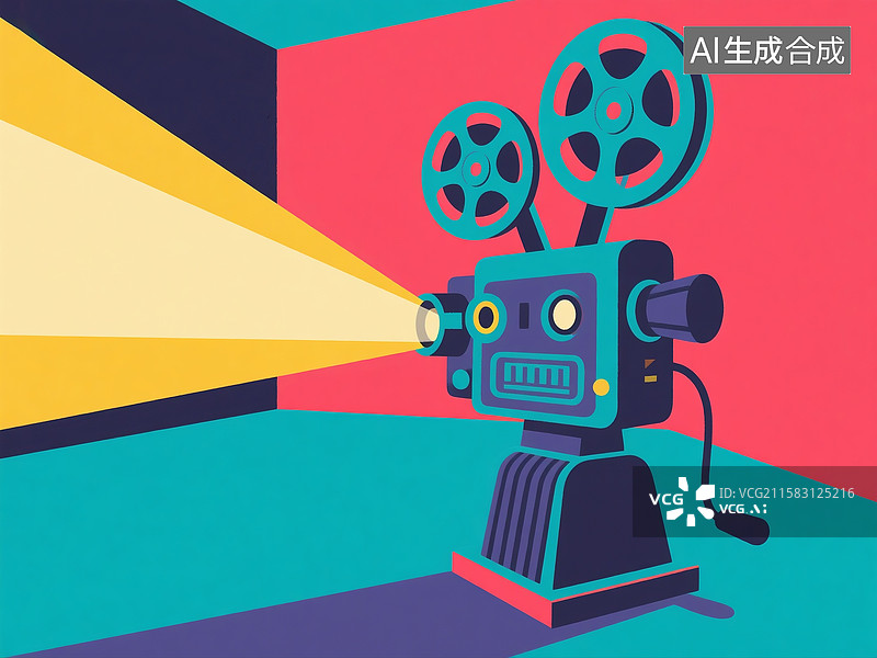 【AI数字艺术】扁平插画风格的复古电影放映机图图片素材