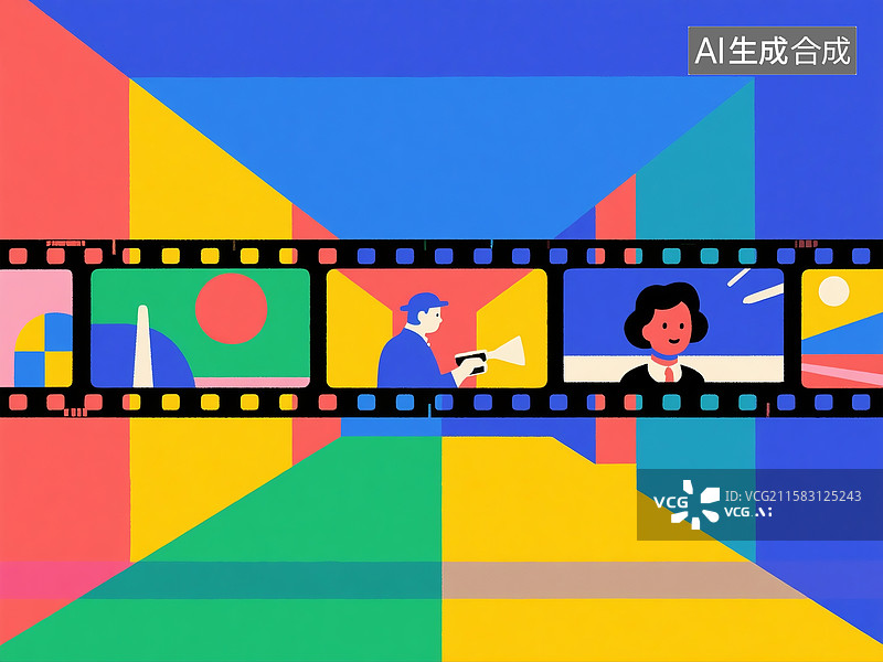 【AI数字艺术】融入经典电影帧画面的扁平插画胶片图图片素材