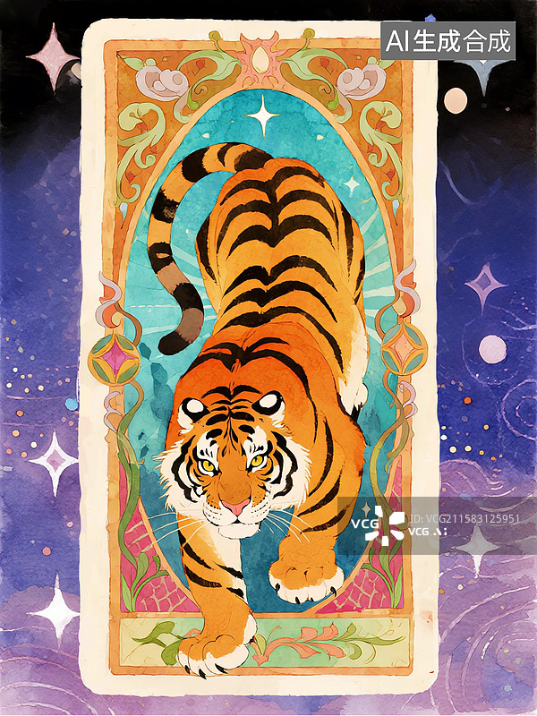 【AI数字艺术】十二生肖图梦幻插画风的下山猛虎卡牌图片素材