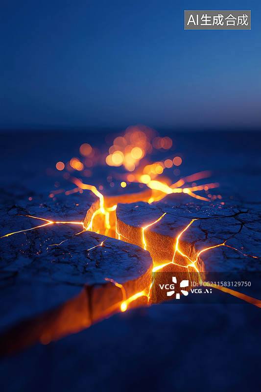 【AI数字艺术】夜晚地震地面裂开涌出炙热的岩浆3D立体场景图片素材