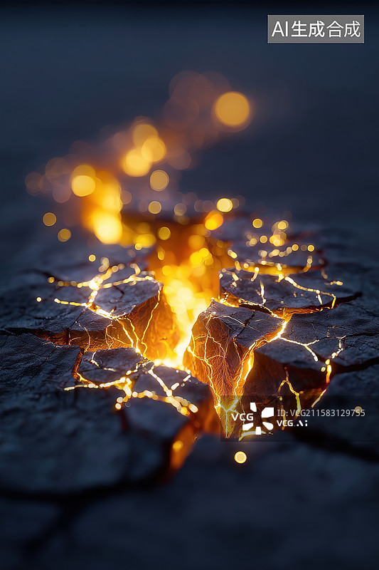 【AI数字艺术】夜晚地震地面裂开涌出炙热的岩浆3D立体场景图片素材