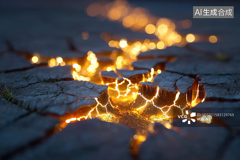【AI数字艺术】夜晚地震地面裂开涌出炙热的岩浆3D立体场景图片素材
