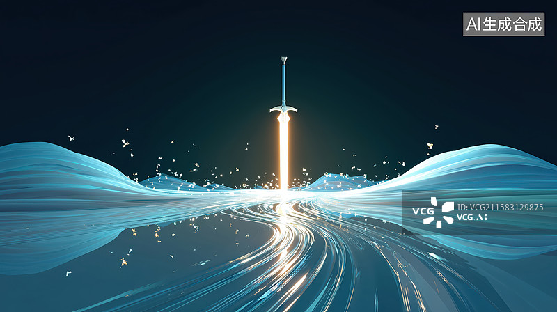 【AI数字艺术】玄幻游戏原画素材水中直立锋利的宝剑3D立体插画图片素材