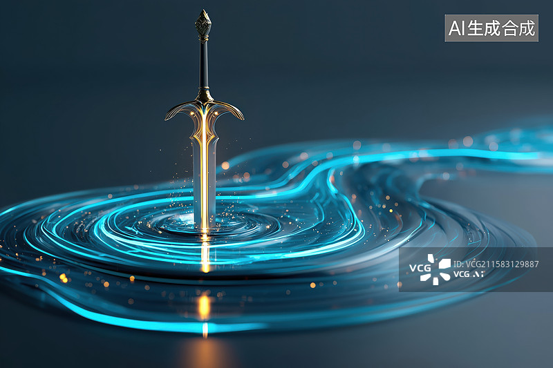 【AI数字艺术】玄幻游戏原画素材水中直立锋利的宝剑3D立体插画图片素材