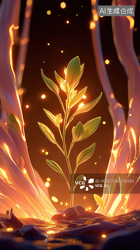 【AI数字艺术】玄幻游戏原画素材一株发光的绿色仙草3D立体插画图片素材
