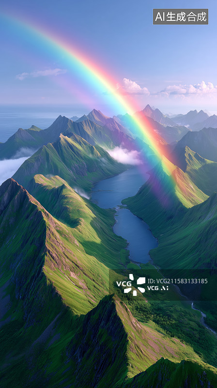 【AI数字艺术】彩虹横跨山峦的梦幻景象图片素材