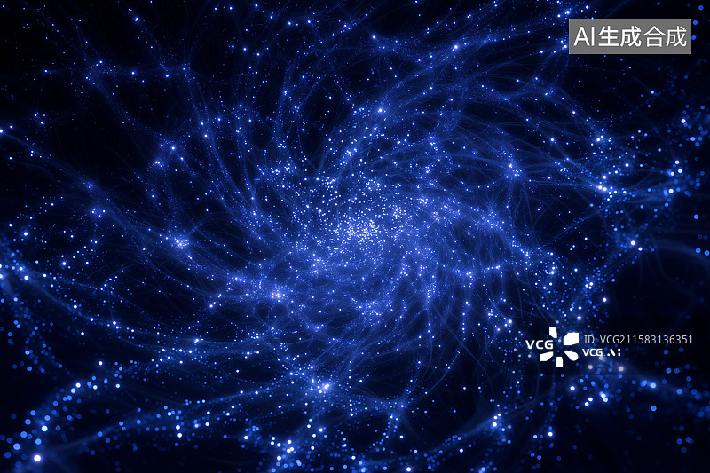 【AI数字艺术】量子纠缠，双粒子在超空间中镜像，霓虹轨迹，深蓝色虚空背景图片素材