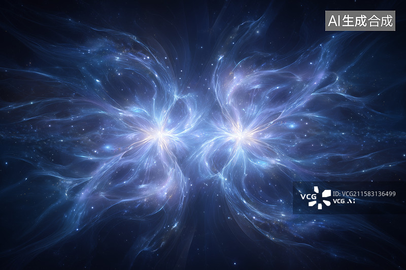 【AI数字艺术】量子纠缠，双粒子在超空间中镜像，霓虹轨迹，深蓝色虚空背景图片素材