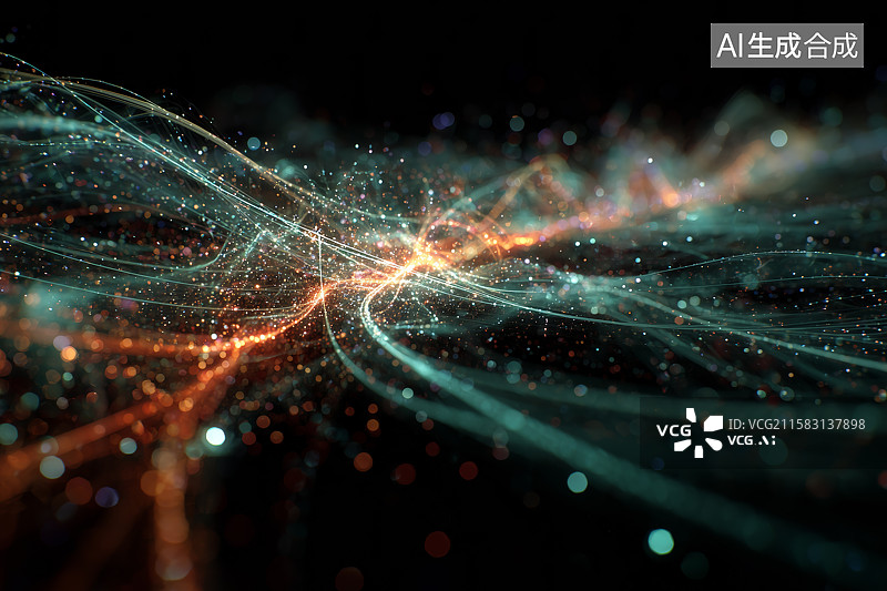 【AI数字艺术】量子隐形传态的视觉表现，纠缠的量子比特穿越空间，未来派能量流动背景图片素材