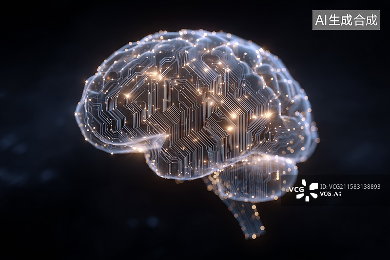 【AI数字艺术】数字大脑与量子电路融合，AI-量子混合智能，发光的神经元通路图片素材