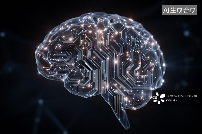 【AI数字艺术】数字大脑与量子电路融合，AI-量子混合智能，发光的神经元通路图片素材