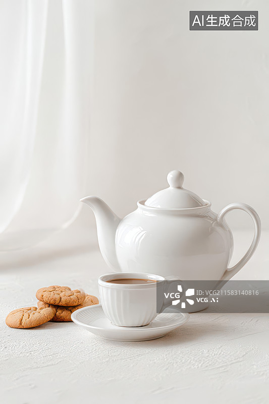 【AI数字艺术】简约白色茶具茶点静物组合图图片素材