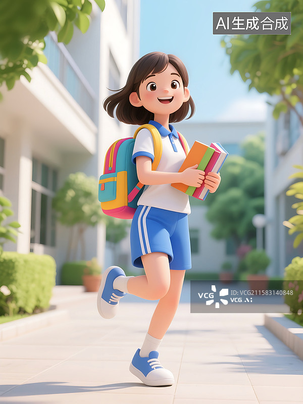 【AI数字艺术】3D立体三维C4D开学季女孩女学生背着书包上学图片素材