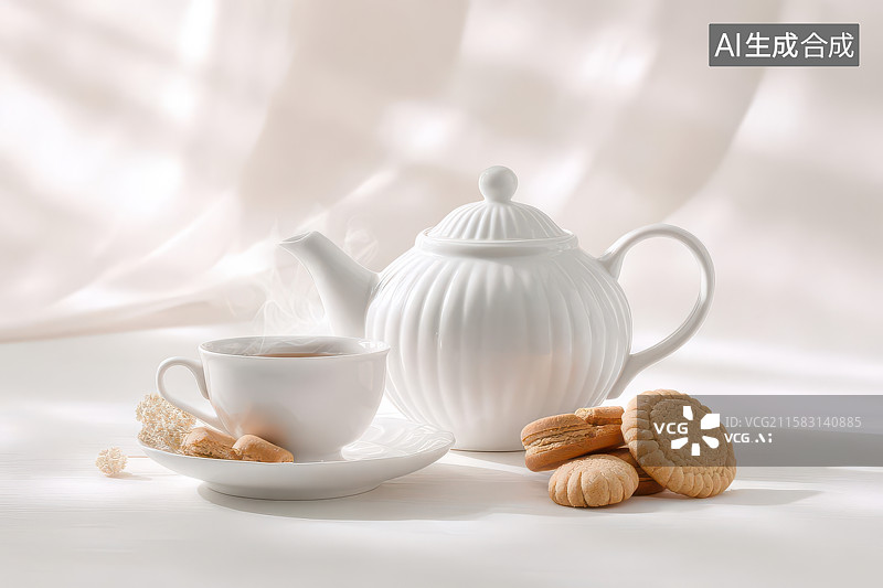 【AI数字艺术】简约白色茶具茶点静物组合图图片素材