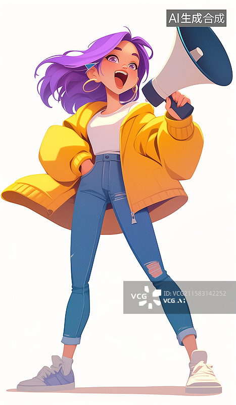 【AI数字艺术】手持扩音器的紫色头发女孩插画图片素材