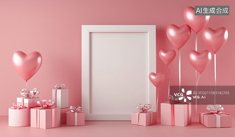 【AI数字艺术】粉色主题的礼物与相框装饰场景图片素材